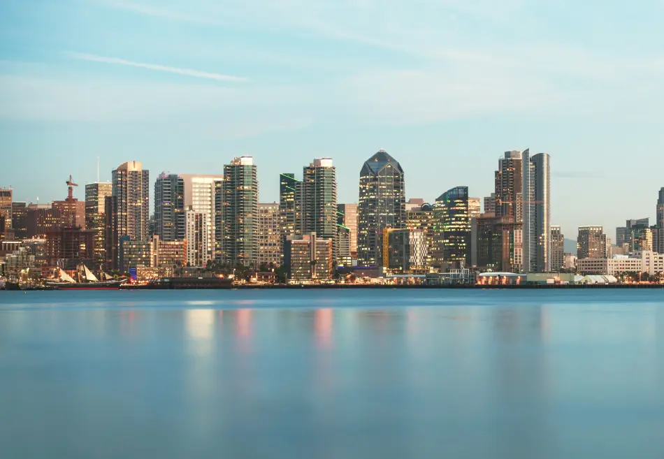 View of San Diego from the ocean at dusk