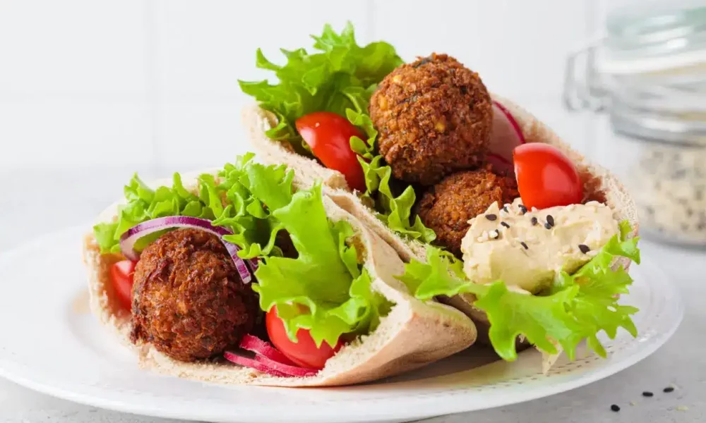 Falafel pita sandwich with fresh vegetables and hummus